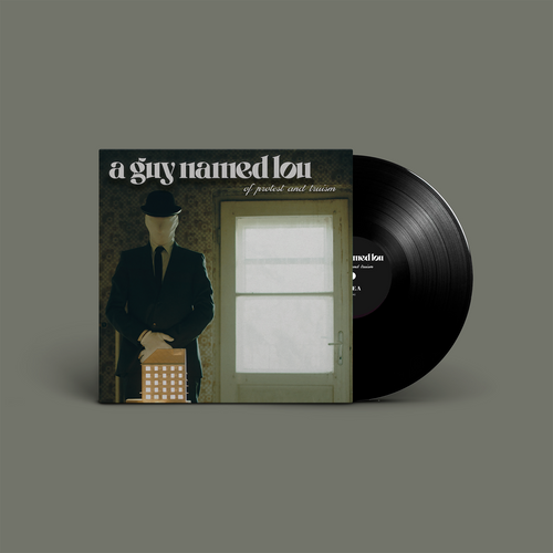 "Of Protest And Truism" von "A Guy Named Lou" auf Vinyl. grün-gräuliches Cover, schwarze Schallplatte.