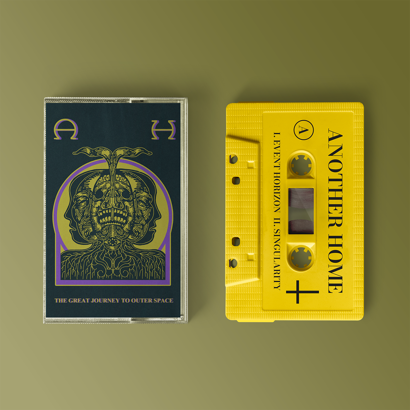 "The Great Journey To Outer Space" von "Another Home" auf Tape. Dunkelgrünes Cover mit hellgrünem und lila Motiv, gelbes Tape mit schwarzer Schrift.