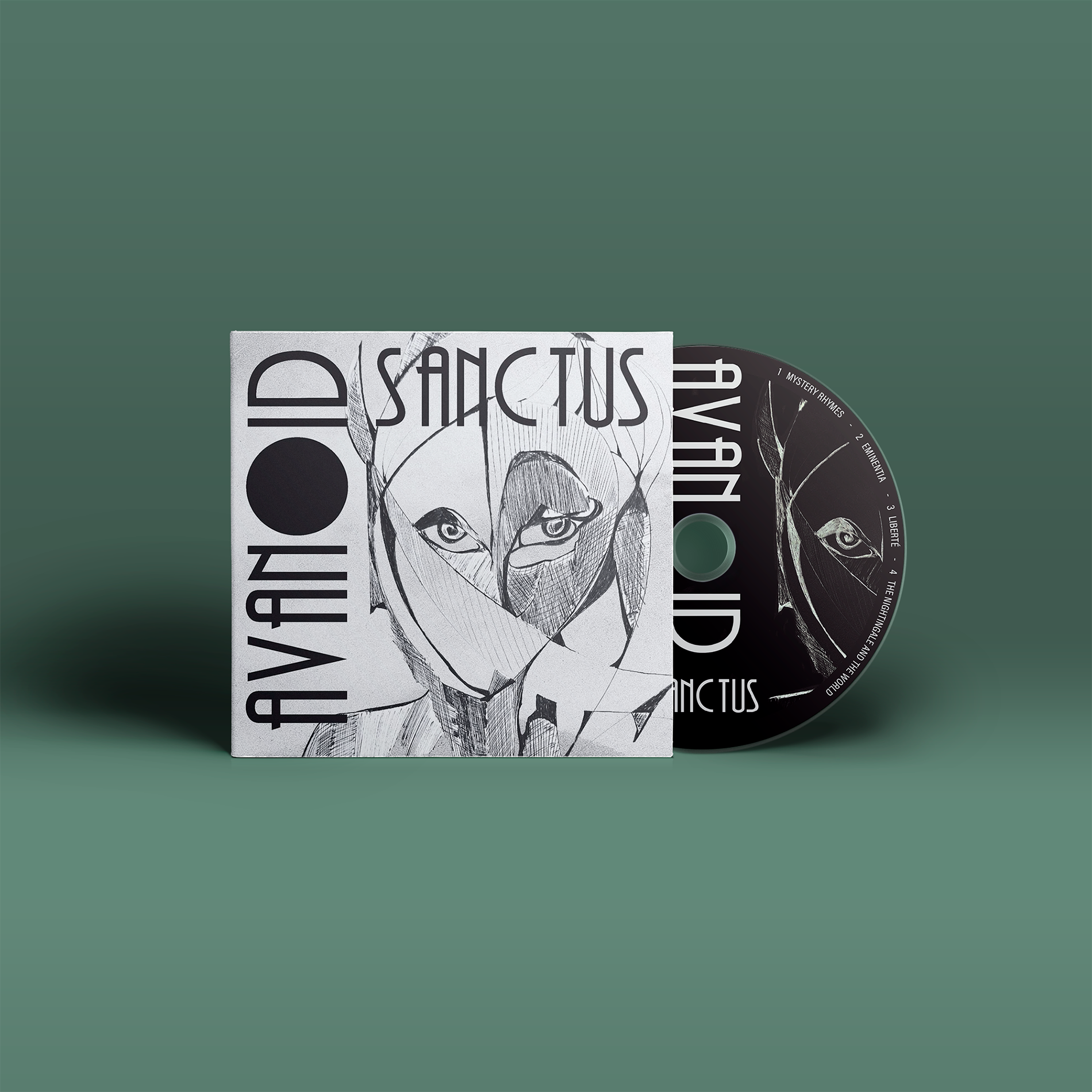 Das Album "Sanctus" von Avanoid auf CD. Weißes Cover mit schwarzem Motiv, schwarze CD mit weißem Motiv.