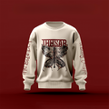Beiges Sweatshirt mit rostrotem Thosar-Logo, darunter ein Schmetterling. Auf den Ärmeln der Text "The Bold Idea Of Being Satisfied"