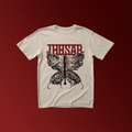 Beiges Sweatshirt mit rostrotem Thosar-Logo, darunter ein Schmetterling.