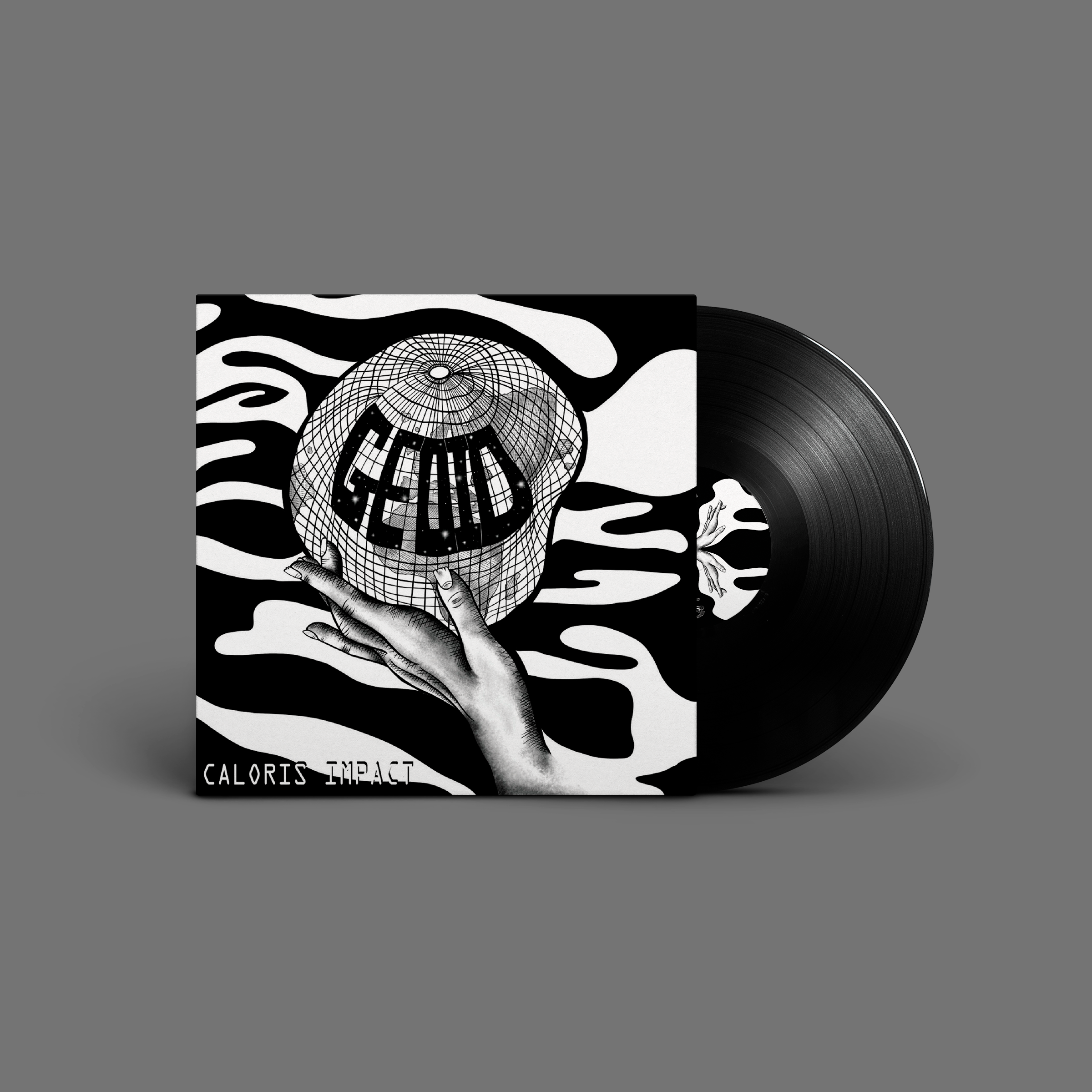 "Geoid" von "Caloris Impact" auf Vinyl. Schwarz-weißes Cover, schwarze Schallplatte.