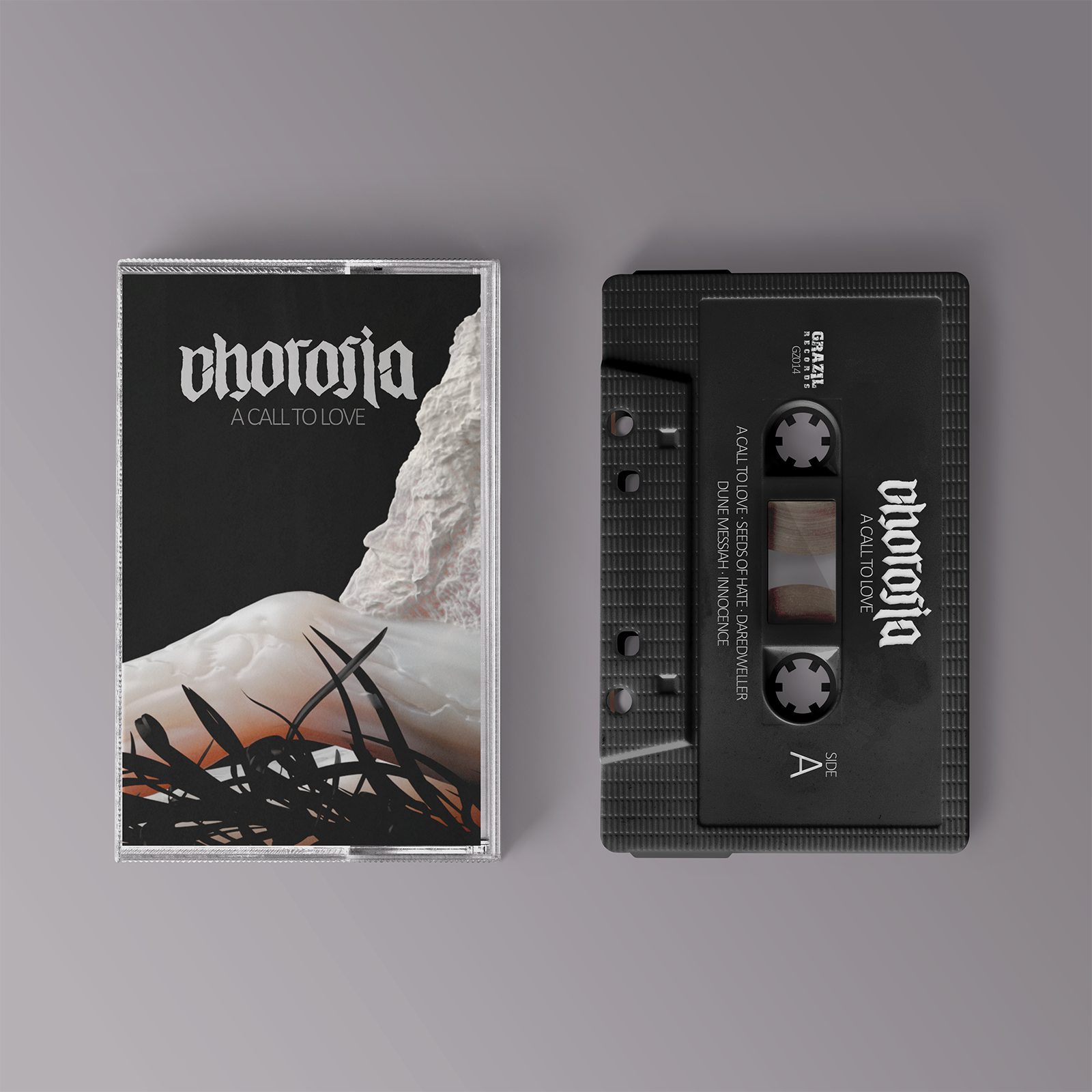 "A Call To Love" von "Chorosia" auf Tape. Schwarzes Cover mir weißem Motiv und Schrift. Schwarzes Tape mit weißer Schrift.