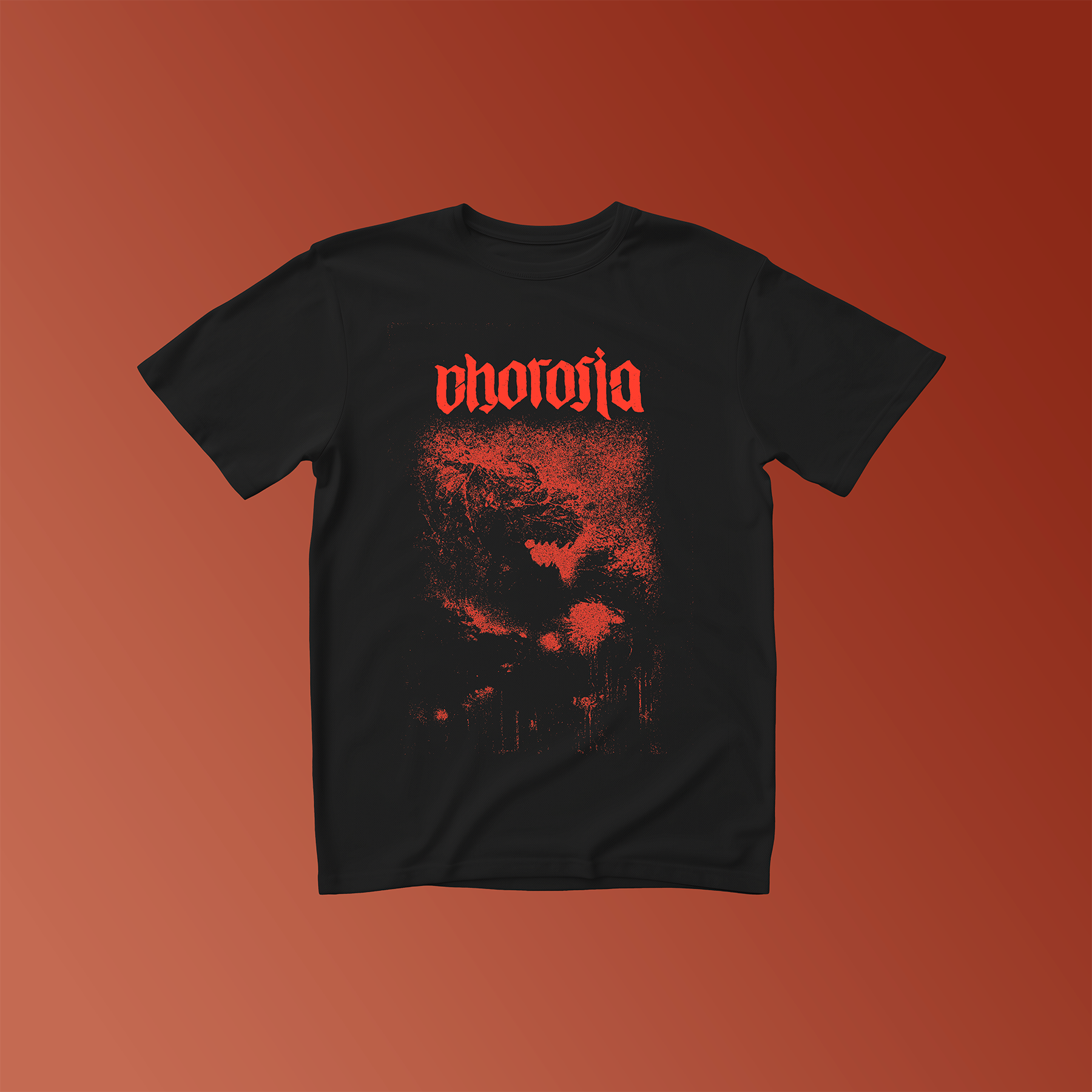 Schwarzes T-Shirt mit rotem Aufdruck, darüber das Logo von Chorosia