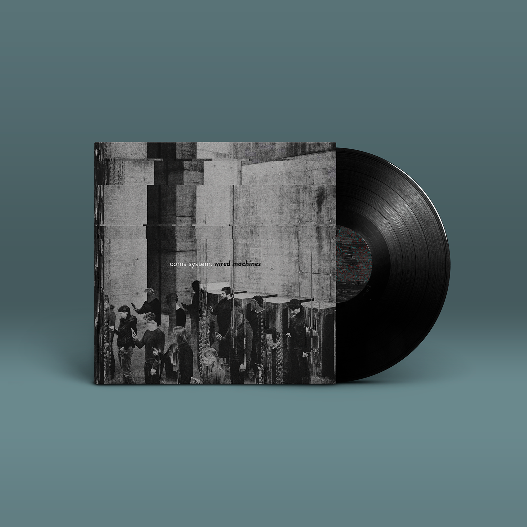 "Wired Machines" von "Coma System" auf Vinyl. Schwarz-graues Cover, schwarze Schallplatte.