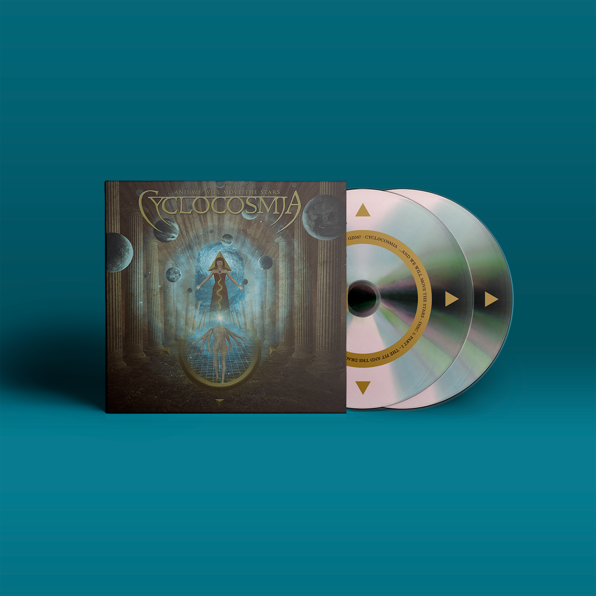 "...And We Will Move The Stars" von "Cyclocosmia" auf Double CD. Braunes Cover, silberne CD mit glebem Aufdruck.