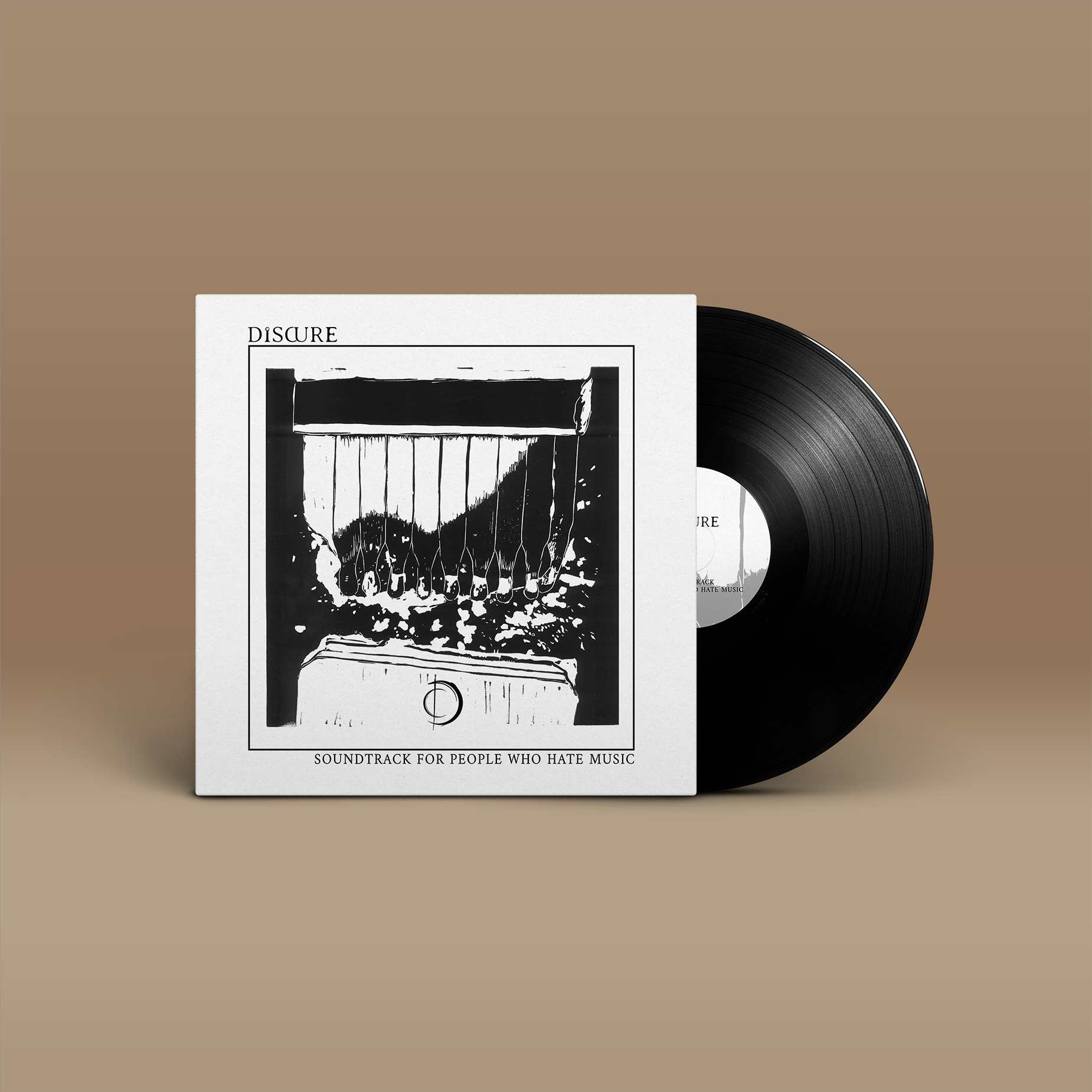 "Soundtrack for People Who Hate Music" von "Discure" auf Vinyl. Weiß-schwarzes Cover, schwarze Schallplatte.