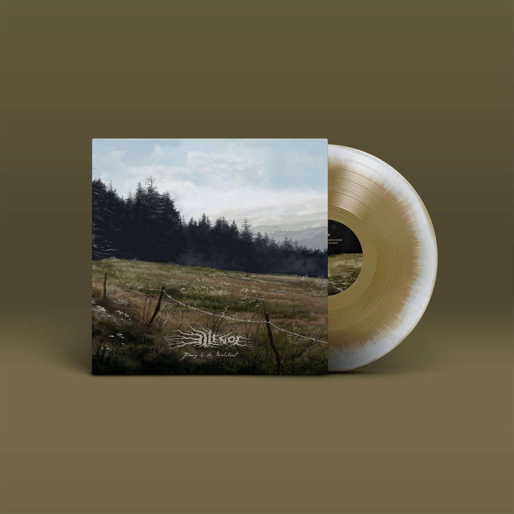 "Rückzug in die Innerlichkeit" von "Ellende" auf Vinyl. Braun-grün-blaues Cover, olivgrün-weiße Schallplatte.