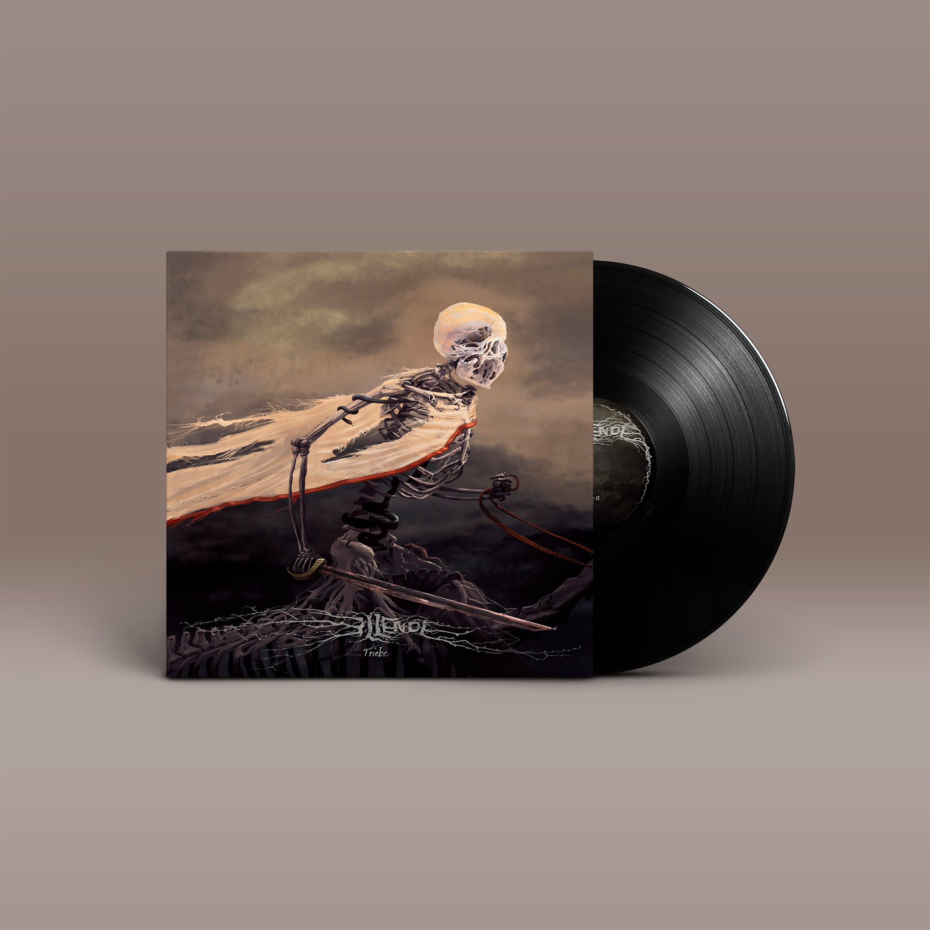 "Triebe" von "Ellende" auf Vinyl. Schwarz-braun-beiges Cover, schwarze Schallplatte.