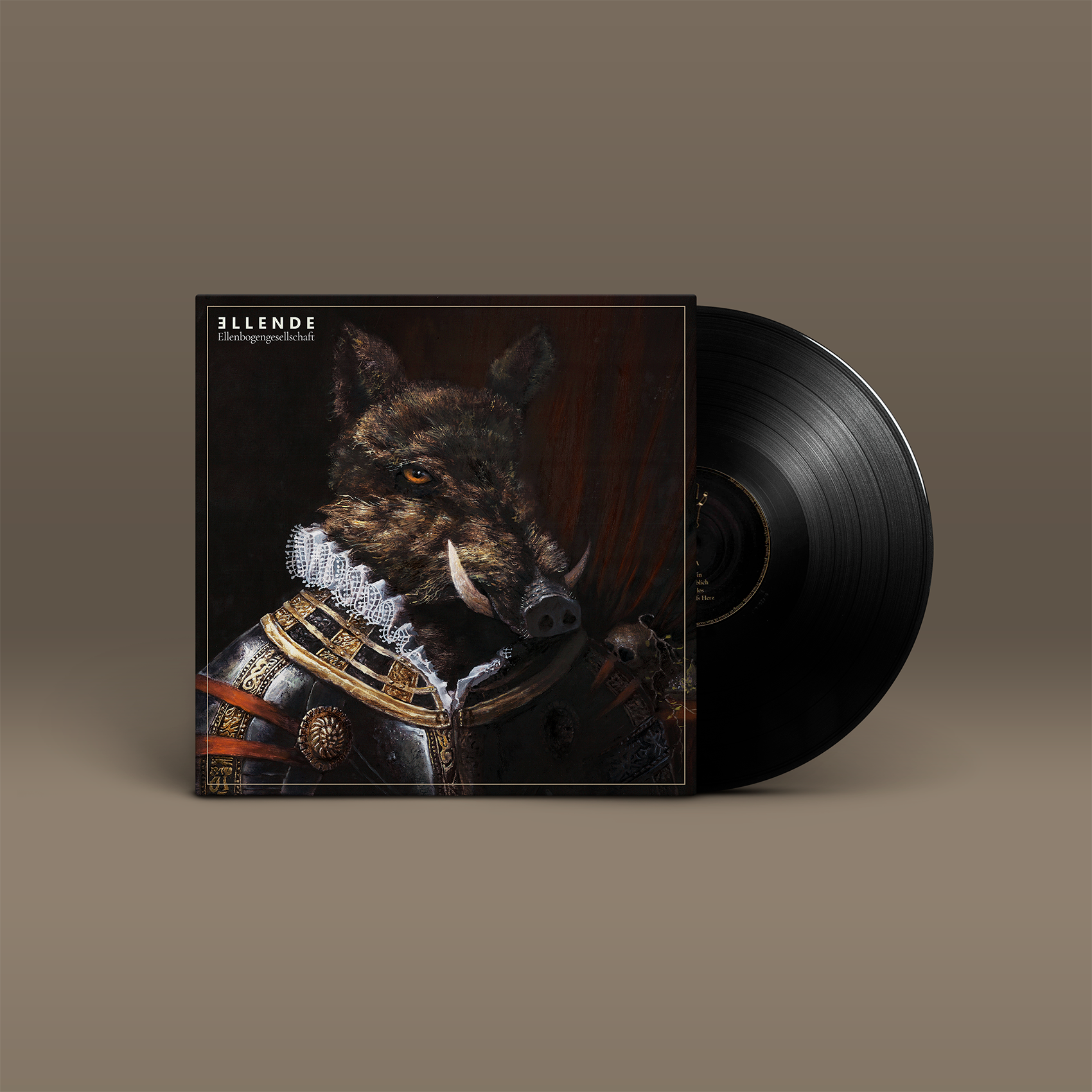 "Ellenbogengesellschaft" von "Ellende" auf Vinyl. Dunkelbraunes Cover, schwarze Schallplatte.