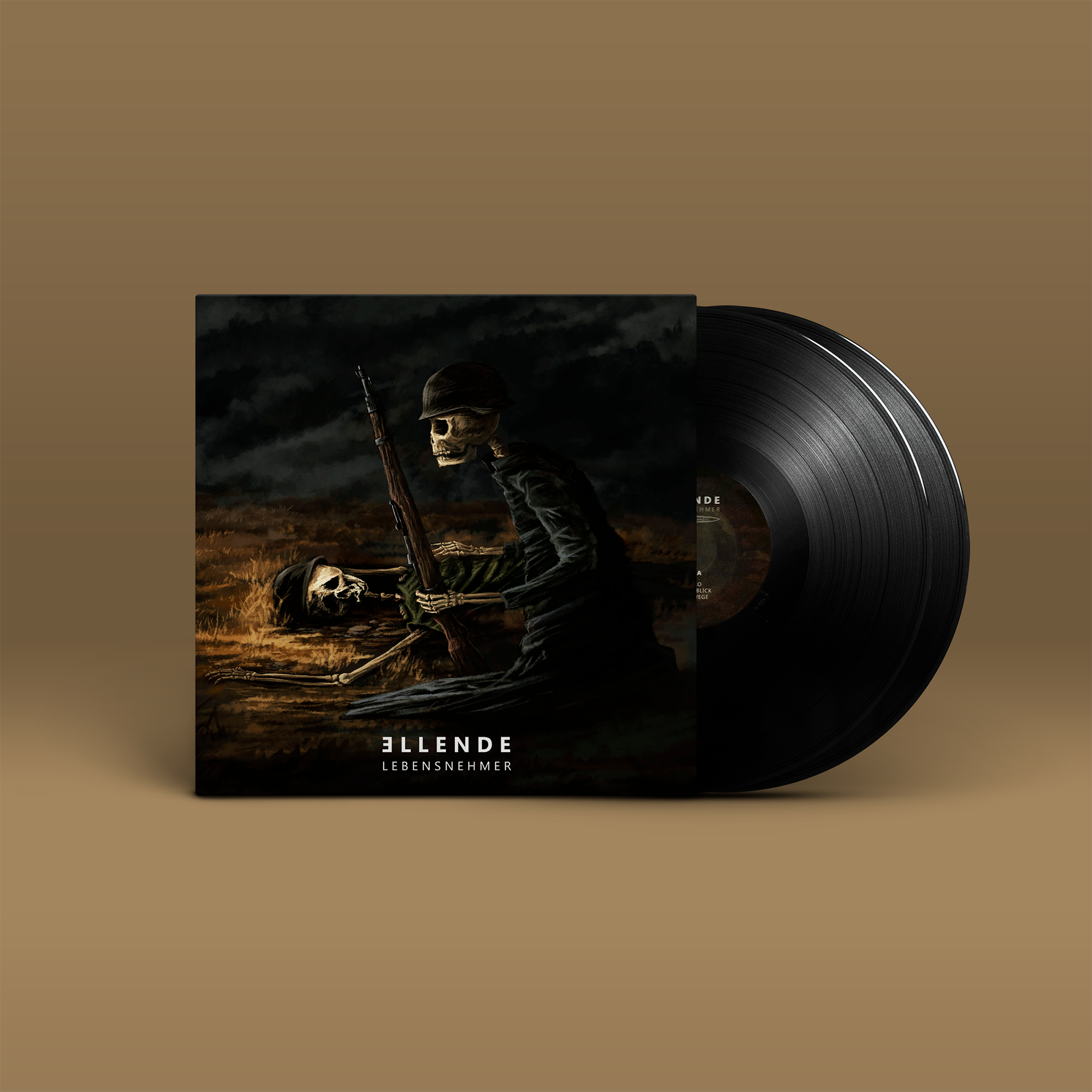 "Lebensnehmer" von "Ellende" auf Double Vinyl. Schwarz-braunes Cover, zwei schwarze Schallplatten.