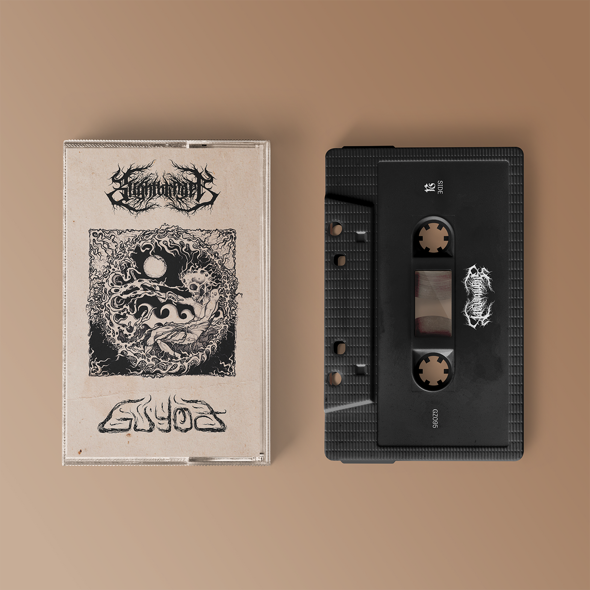 "Split"-EP von Guyođ und Blightbringer auf Tape. Beiges Cover, schwarzes Tape.