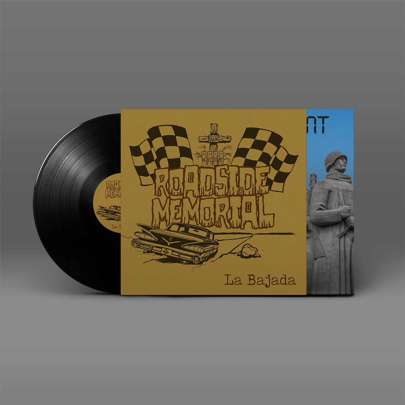"Brutalismus/La Bajada" Split Album von "Grazer Grant" und "Roadside Memorial" auf Vinyl. Rückansicht. Braunes Cover, schwarze Schallplatte.
