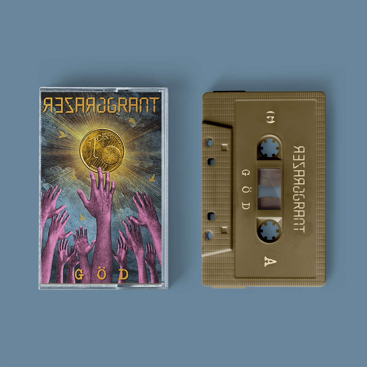 Das Album "Göd" von Grazer Grant. Blau-Pink-Goldenes Tape-Cover, goldenes Tape mit beigem Aufdruck.