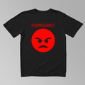 schwarzes T-Shirt mit rotem, wütenden Smiley, darüber das Logo von "Grazer Grant"
