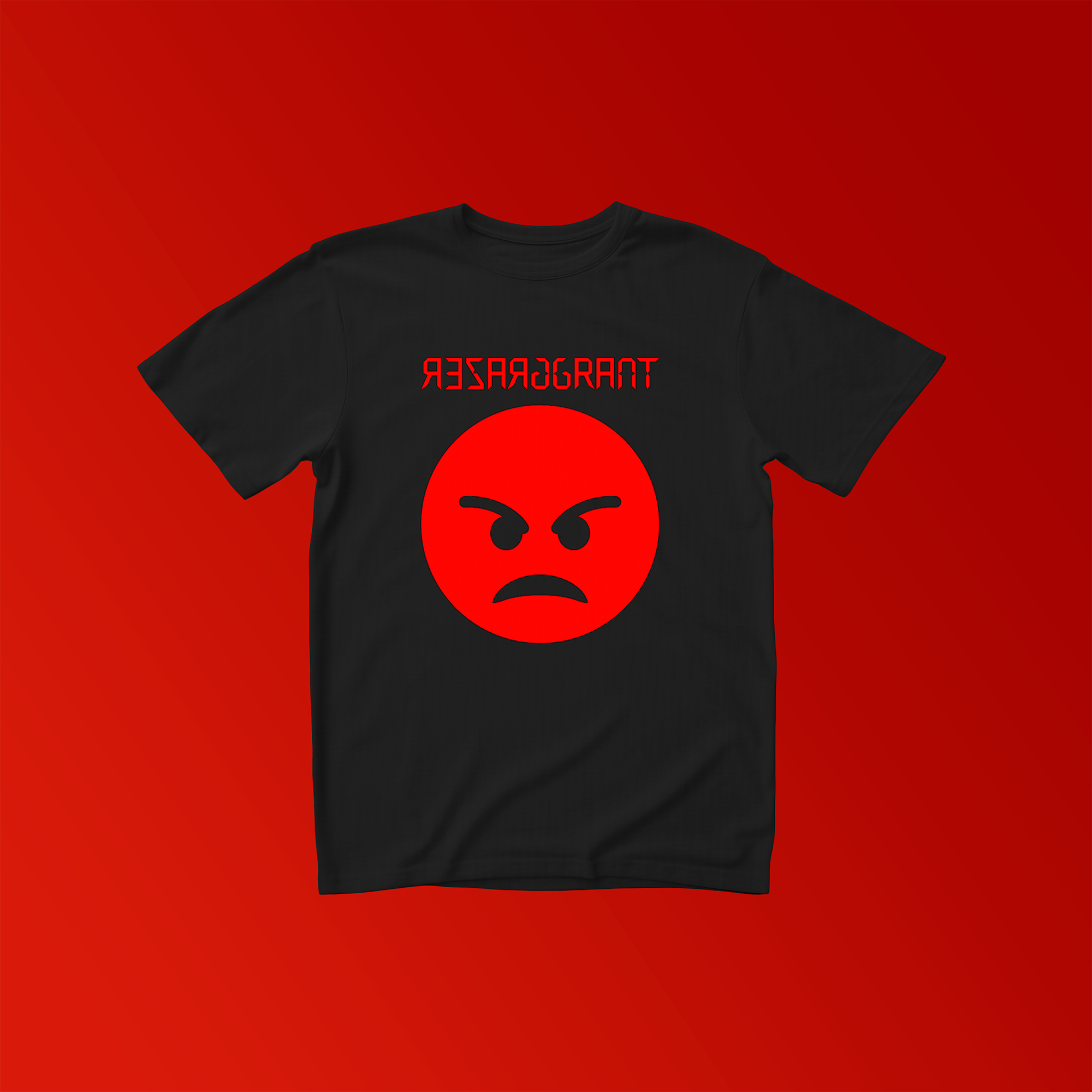 Schwarzes T-Shirt mit rotem, wütenden Smiley, darüber das Logo von "Grazer Grant"