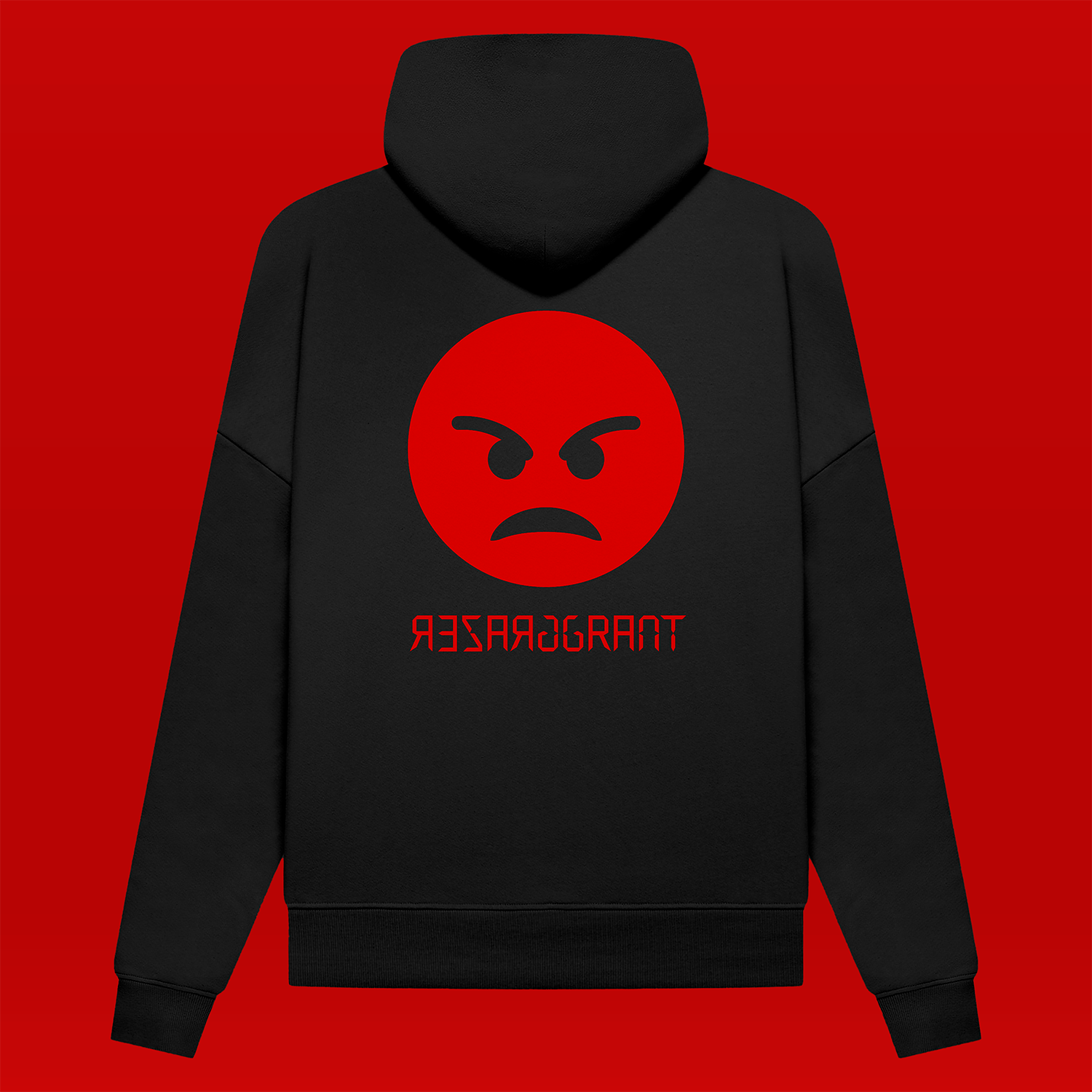 Schwarze Kapuzenweste, Rückansicht. mittig auf dem Rücken ein roter, wütender Smiley, darunter das Logo von "Grazer Grant"