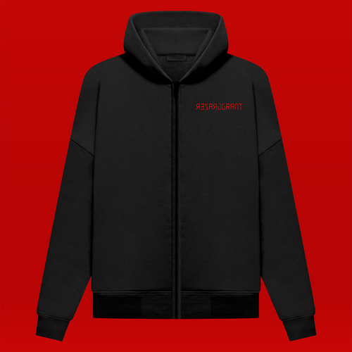 Schwarze Kapuzenweste, Vorderansicht. Rechts auf der Brust in rot das Logo von "Grazer Grant".