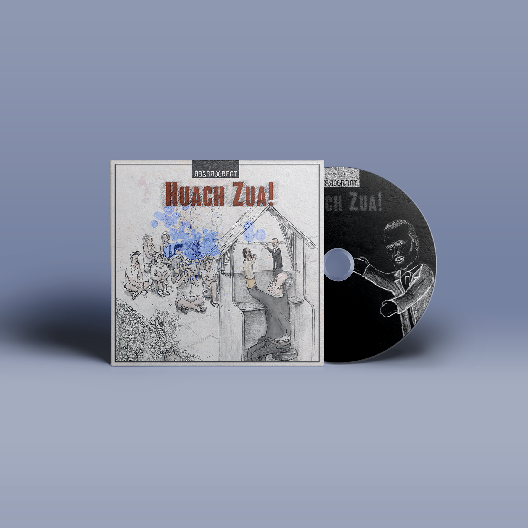 "Huach Zua!" von "Grazer Grant" auf CD. weiß-graues Cover mit roter Schrift, schwarze CD mit grauer Schrift.