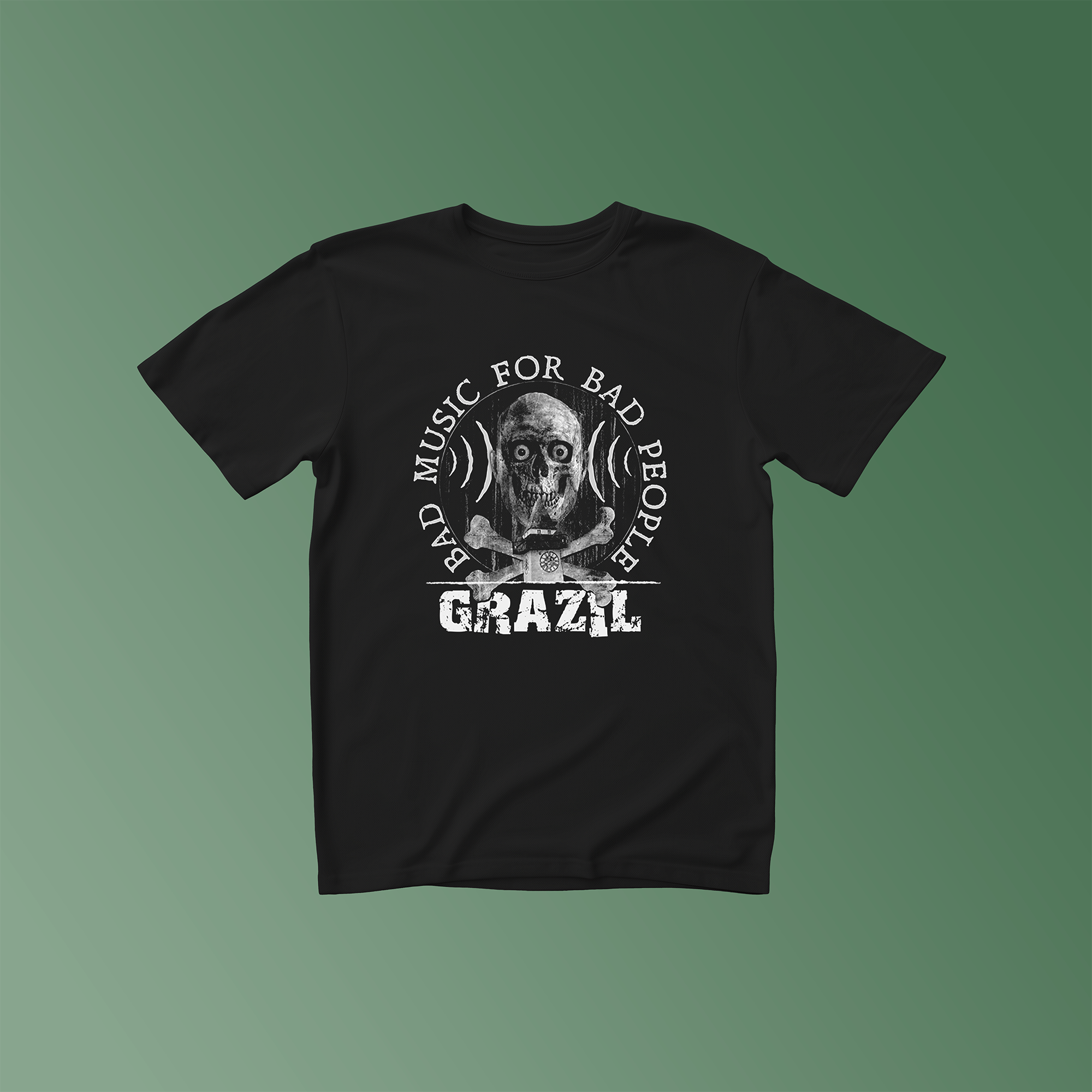 Schwarzes T-Shirt mit weißem Aufdruck: Totenkopf, darunter der Grazer Uhrturm. Text: Bad Music for Bad People", darunter das grazil Logo