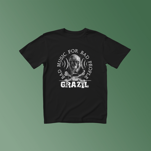 Schwarzes T-Shirt mit weißem Aufdruck: Totenkopf, darunter der Grazer Uhrturm. Text: Bad Music for Bad People", darunter das grazil Logo