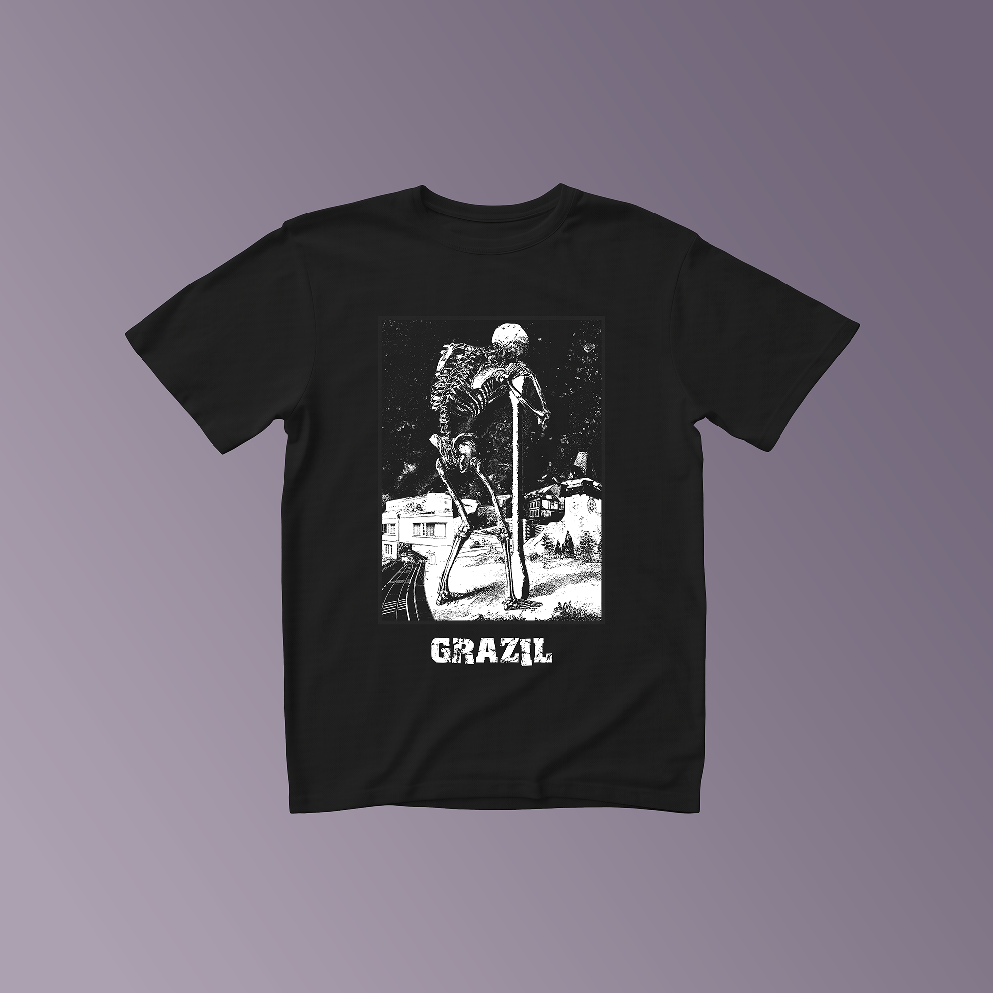 Schwarzes T-Shirt mit weißem Aufdruck, darunter das Logo von Grazil.