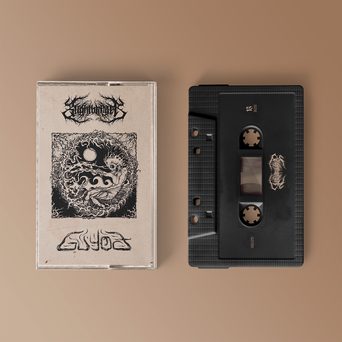 "Split"-EP von Guyođ und Blightbringer auf Tape. Beiges Cover, schwarzes Tape.