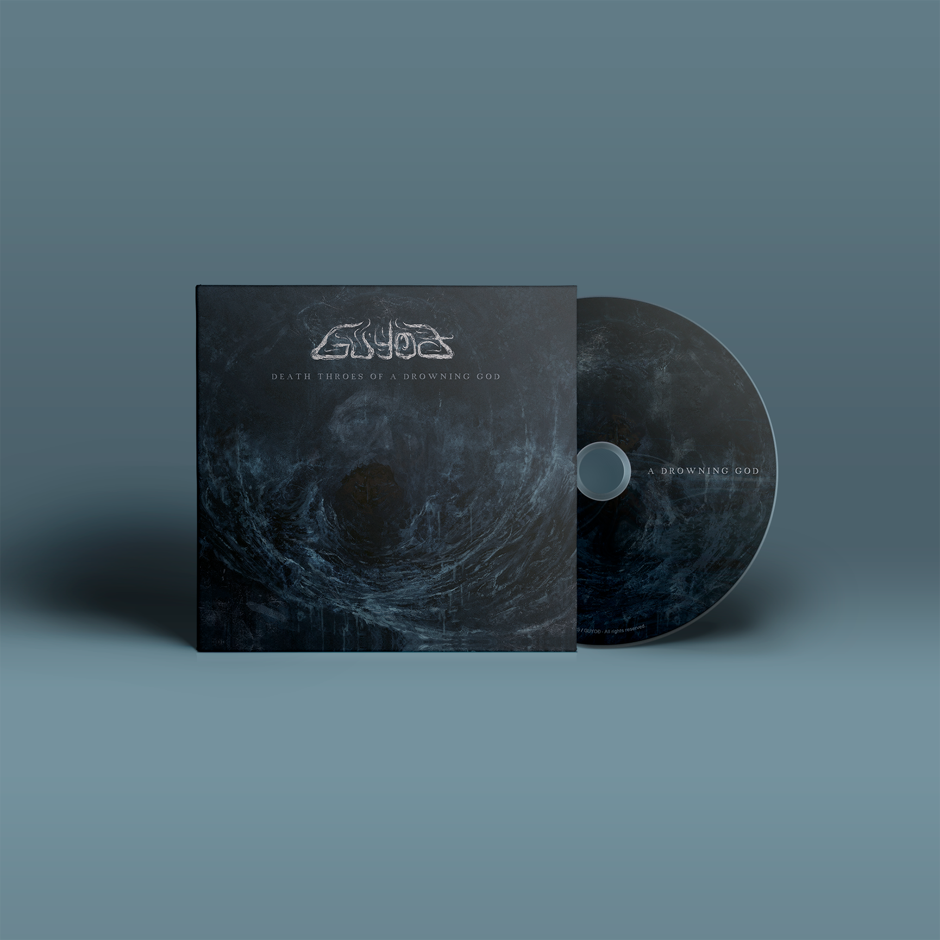 "Death Throes of a Drowning God" von "Guyod" auf CD. Dunkelblau-schwarzes Cover und CD mit weißer Schrift.