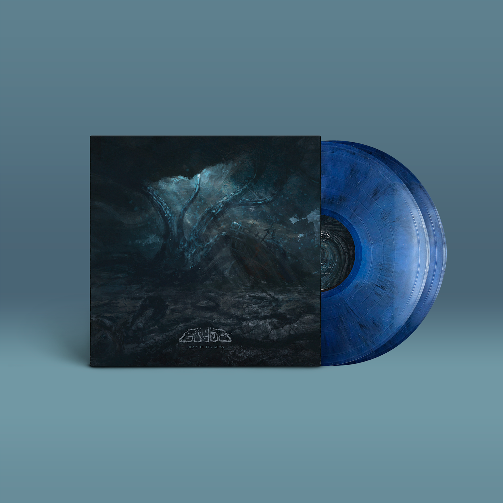 "Heart Of Thy Abyss" von "Guyod" auf Double Vinyl. Dunkelblau-schwarzes Cover, zwei blau-schwarze Marble-Schallplatten.