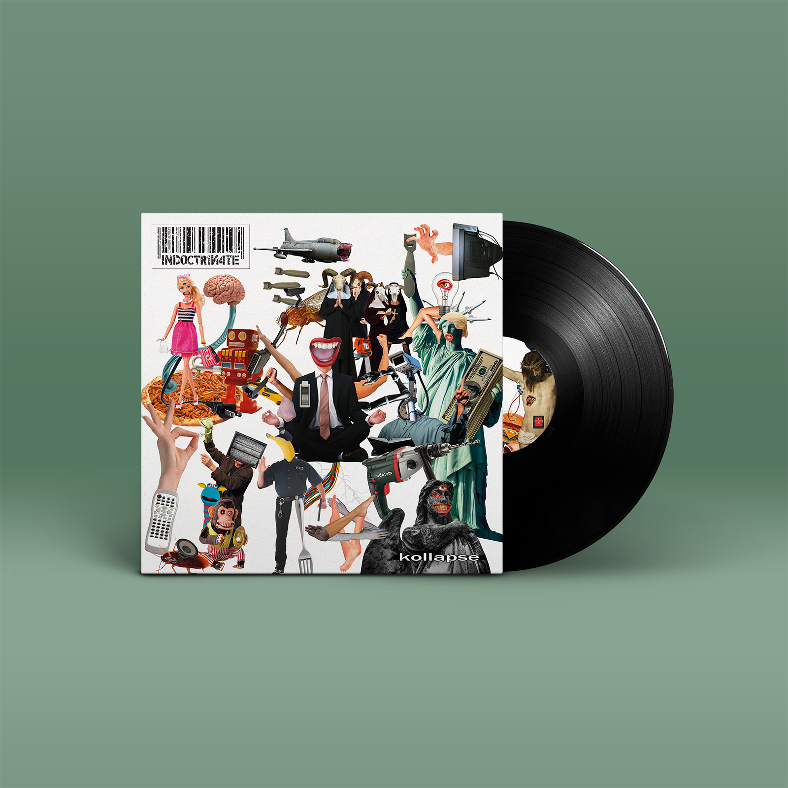 "Kollapse" von "Indoctrinate" auf Vinyl. Buntes Cover im Collagenstil, schwarze Schallplatte.