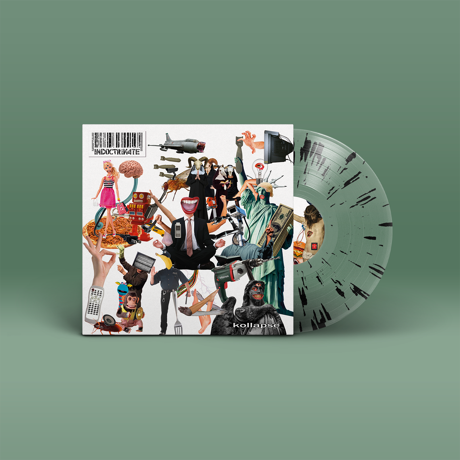 "Kollapse" von "Indoctrinate" auf Vinyl. Buntes Cover im Collagenstil, transparent-schwarze Splatter-Schallplatte.