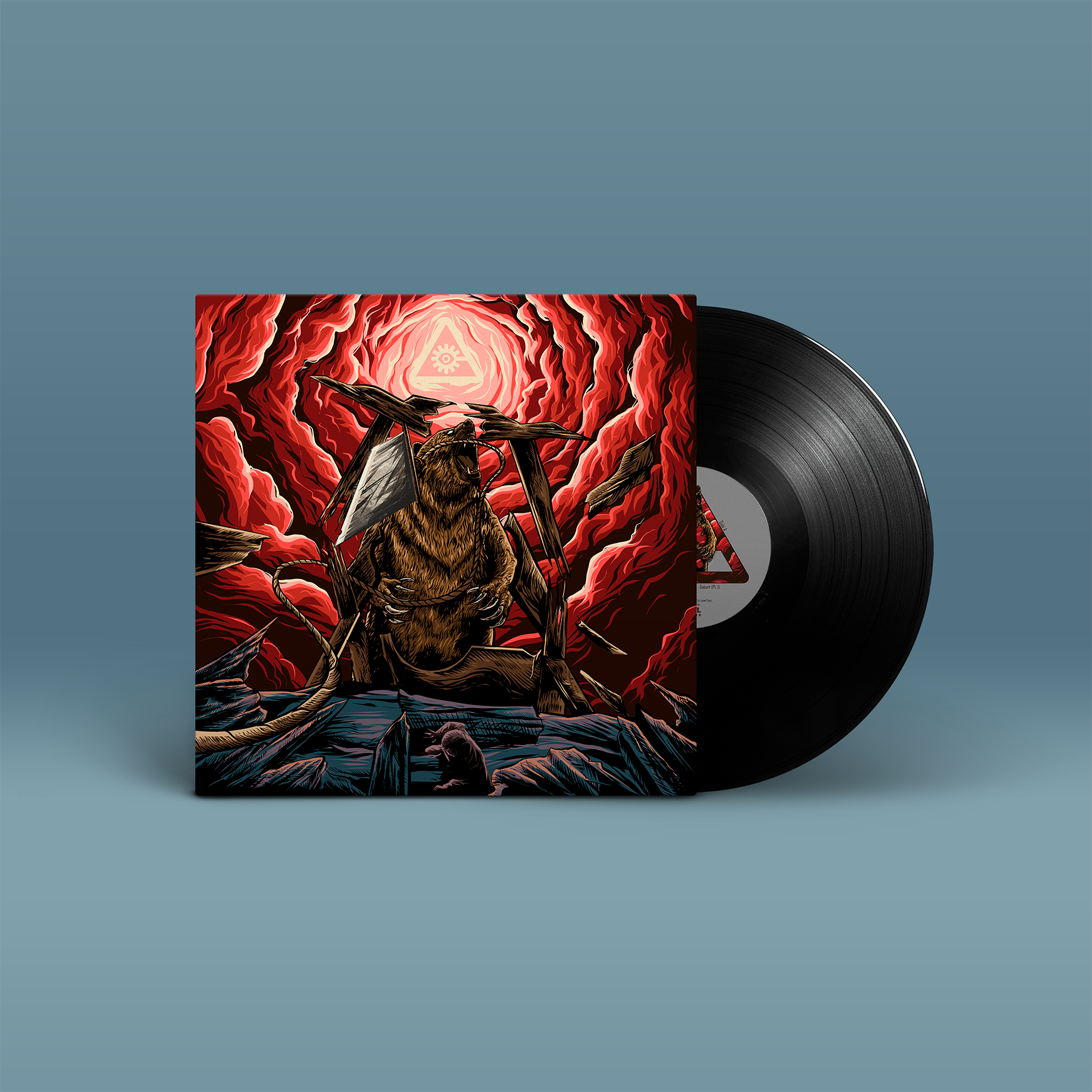 "Grizzly vs. Guillotine" von "Laser Eyes" auf Vinyl. Rot-braun-blaues Cover, schwarze Schallplatte.