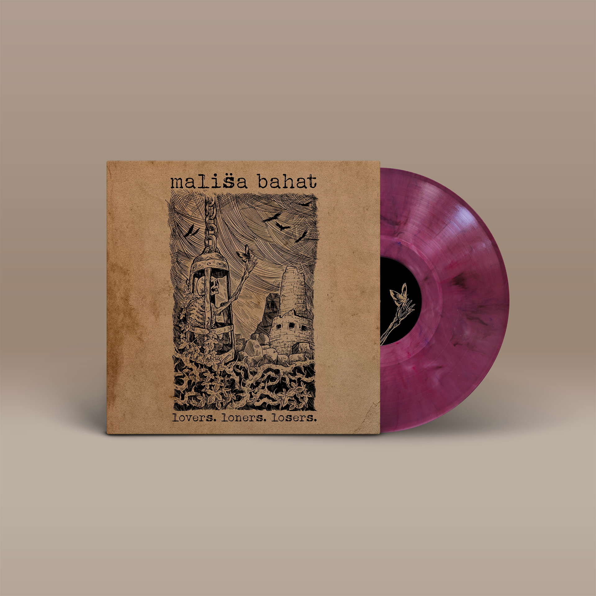 "Lovers.Loners.Losers" von "Mališa Bahat" auf Vinyl. Braunes Cover mit schwarzem Motiv, pinke Schallplatte.