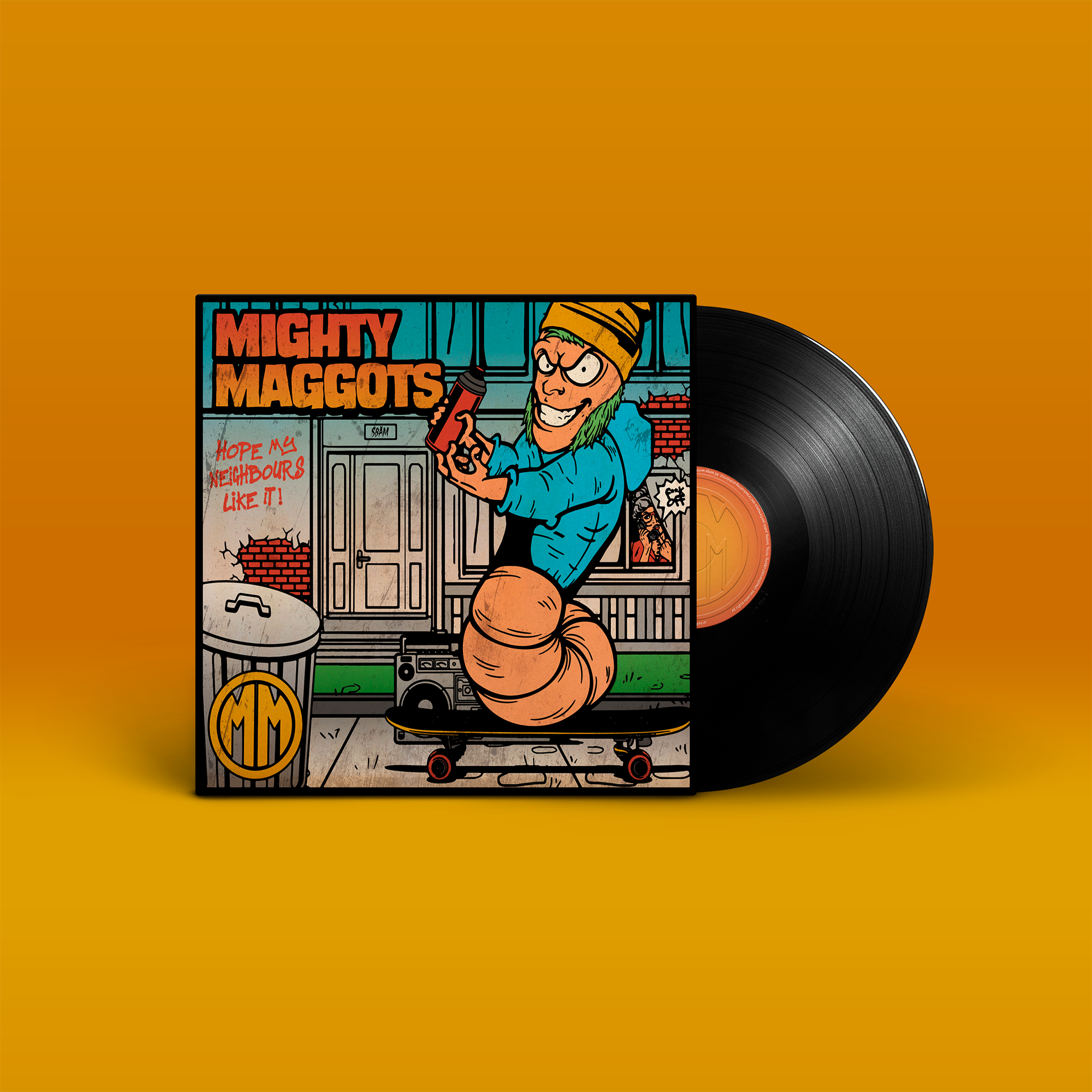 "Hope My Neighbours Like It" von "Mighty Maggots" auf Vinyl. Buntes Cover, schwarze Schallplatte.
