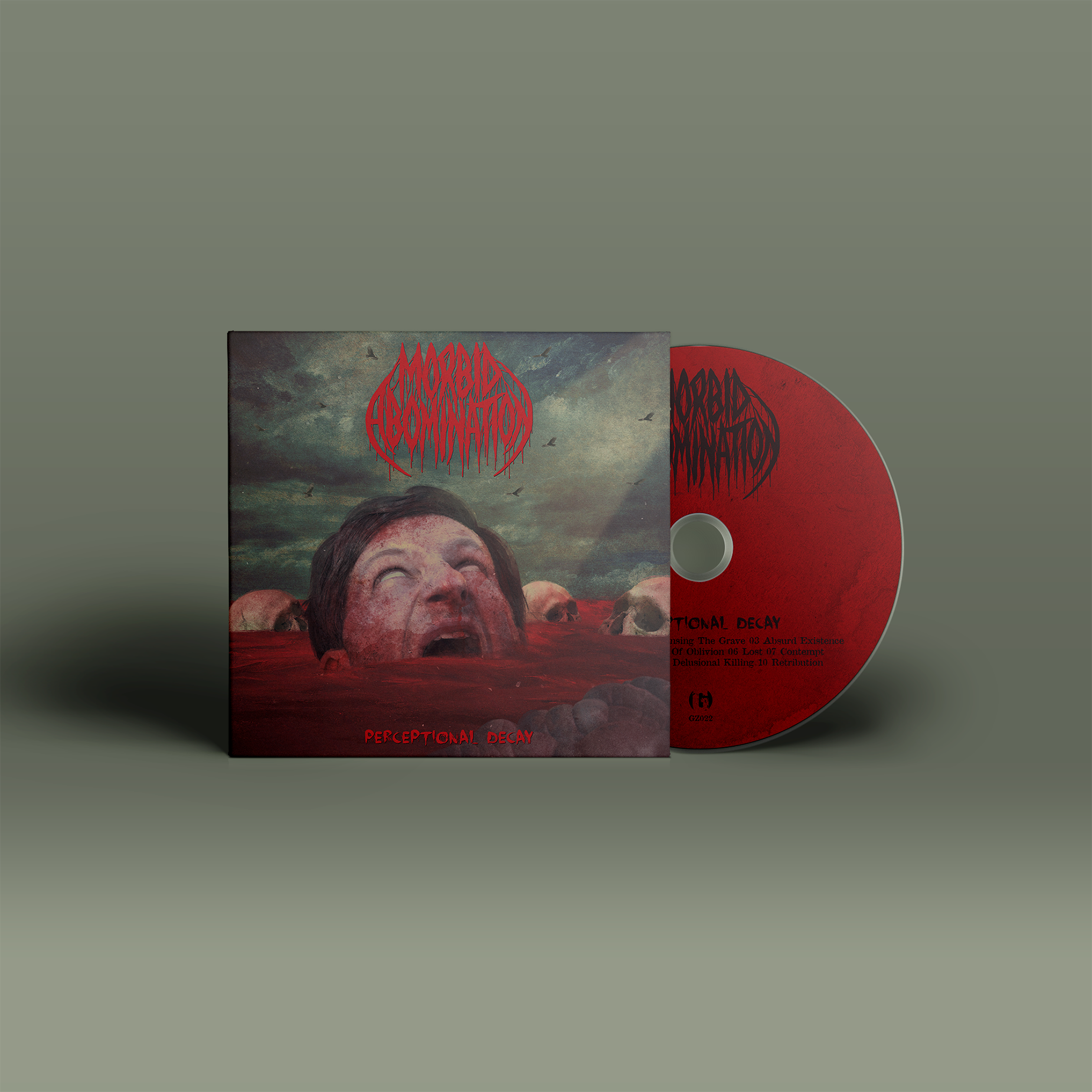 "Perceptional Decay" von "Morbid Abomination" auf CD. Grün-grau-rotes Cover, rote CD mit schwarzer Schrift.