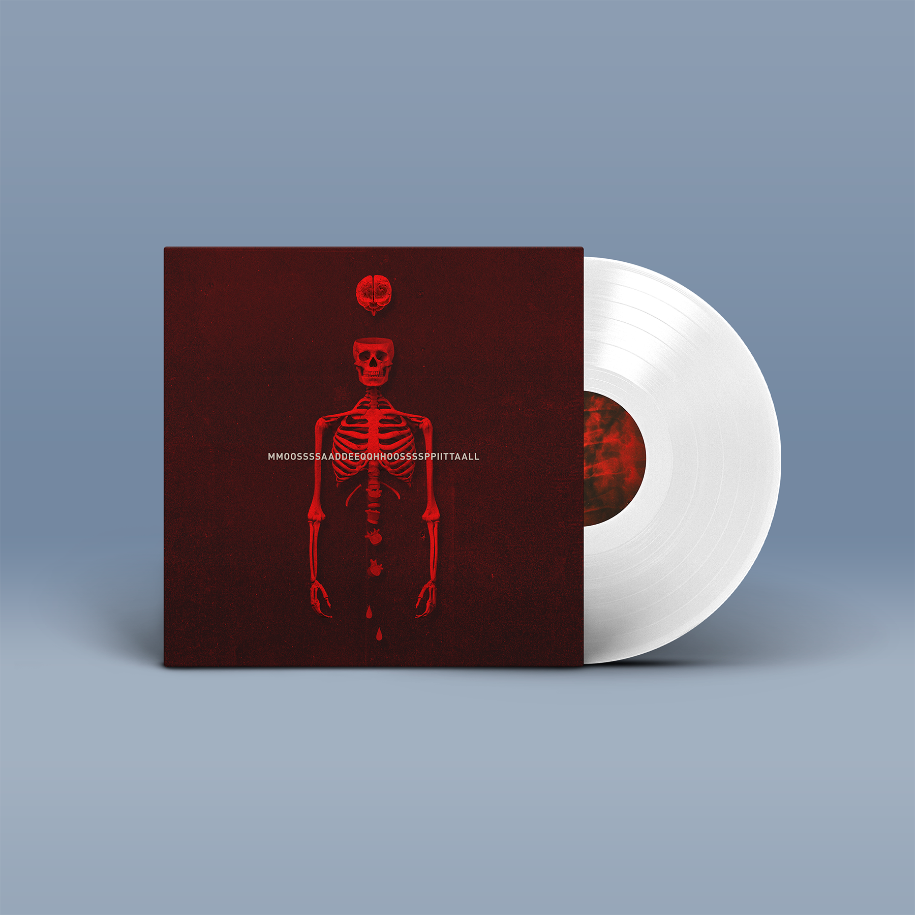 "Hospital" von "Mossadeq" auf Vinyl, Rotes Cover, weiße Schallplatte.