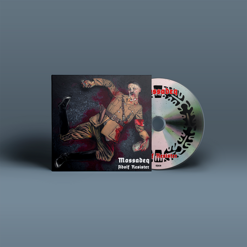 "Adolf Resister" von "Mossadeq" auf CD. Schwarz-braun-rotes Cover, silberne CD mit schwarzem Muster und roter Schrift.