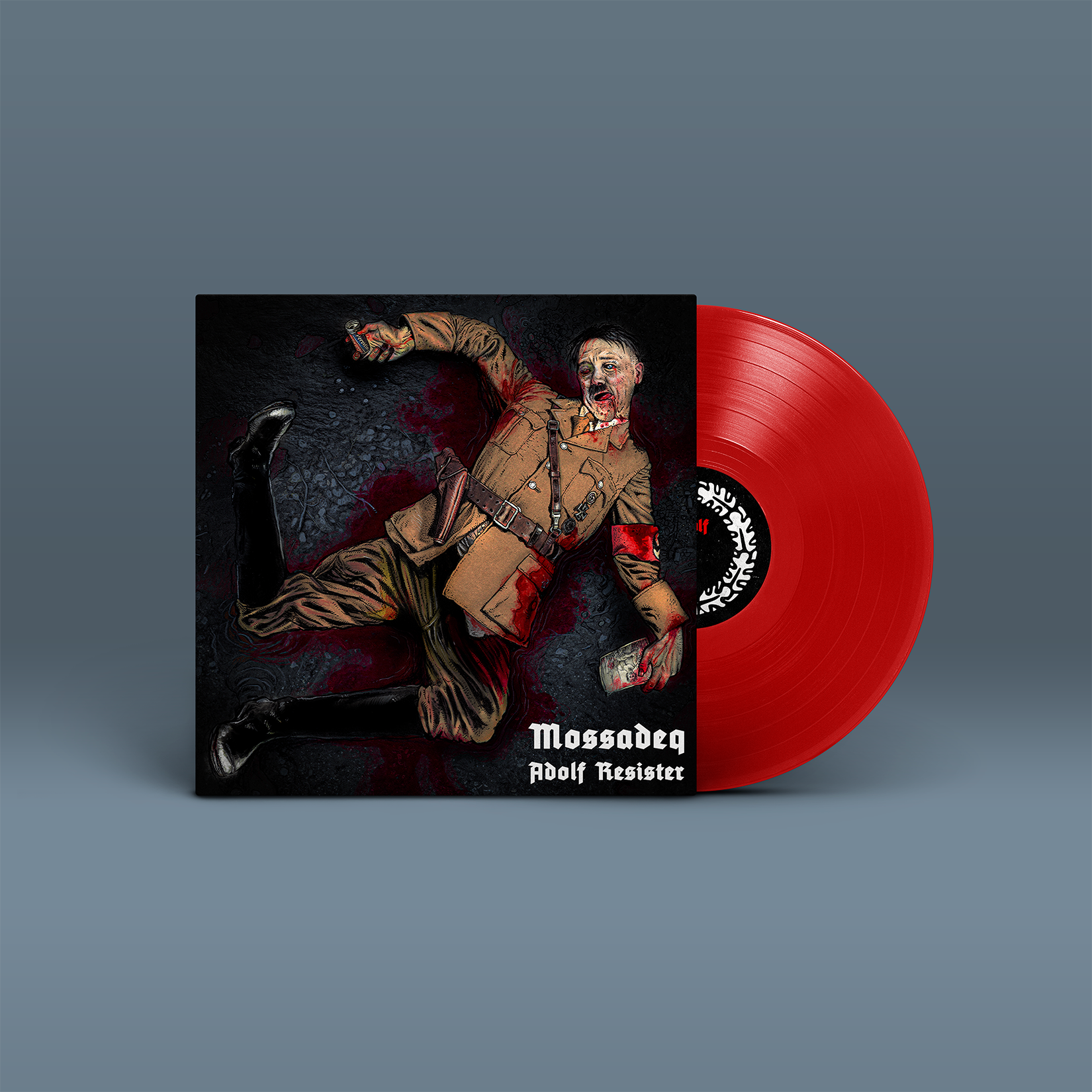 "Adolf Resister" von "Mossadeq" auf Vinyl. Schwarz-braun-rotes Cover, rote Schallplatte.
