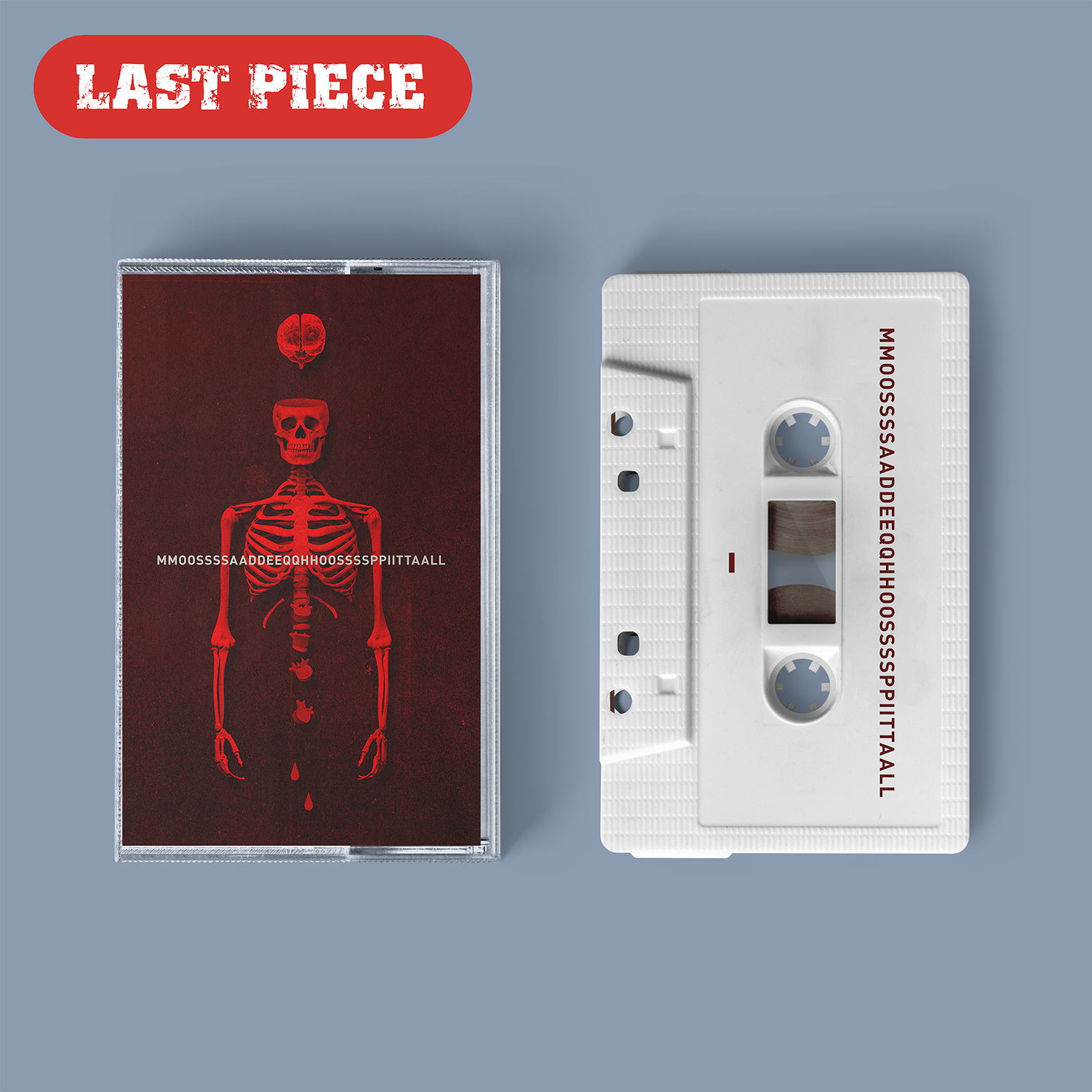 "Hospital" von "Mossadeq" auf Tape, Rotes Cover, weißes Tape mit roter Schrift. Links oben ein roter Störer mit dem Text "Last Piece".