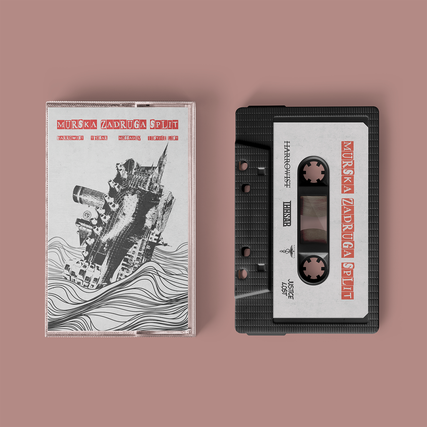 "Murska Zadruga Split" Tape von "Harrowist", "Thosar" und "Justice Lost". weißes Cover mit roter Schrift, schwarzes Tape mit weißem Etikett.