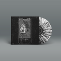 "Asbest" von "Nekrodeus" auf Vinyl. Schwarzes Cover mit weißes Motiv, schwarz-weiße Splatter-Schallplatte.