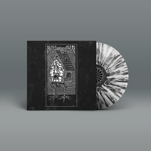 "Asbest" von "Nekrodeus" auf Vinyl. Schwarzes Cover mit weißes Motiv, schwarz-weiße Splatter-Schallplatte.