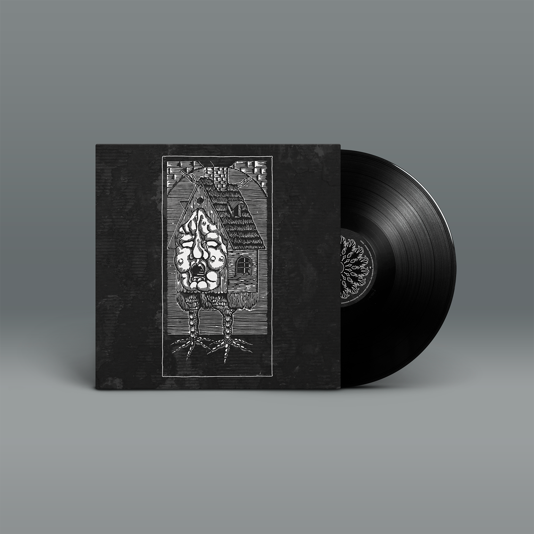 "Asbest" von "Nekrodeus" auf Vinyl. Schwarzes Cover mit weißem Motiv, schwarze Schallplatte.