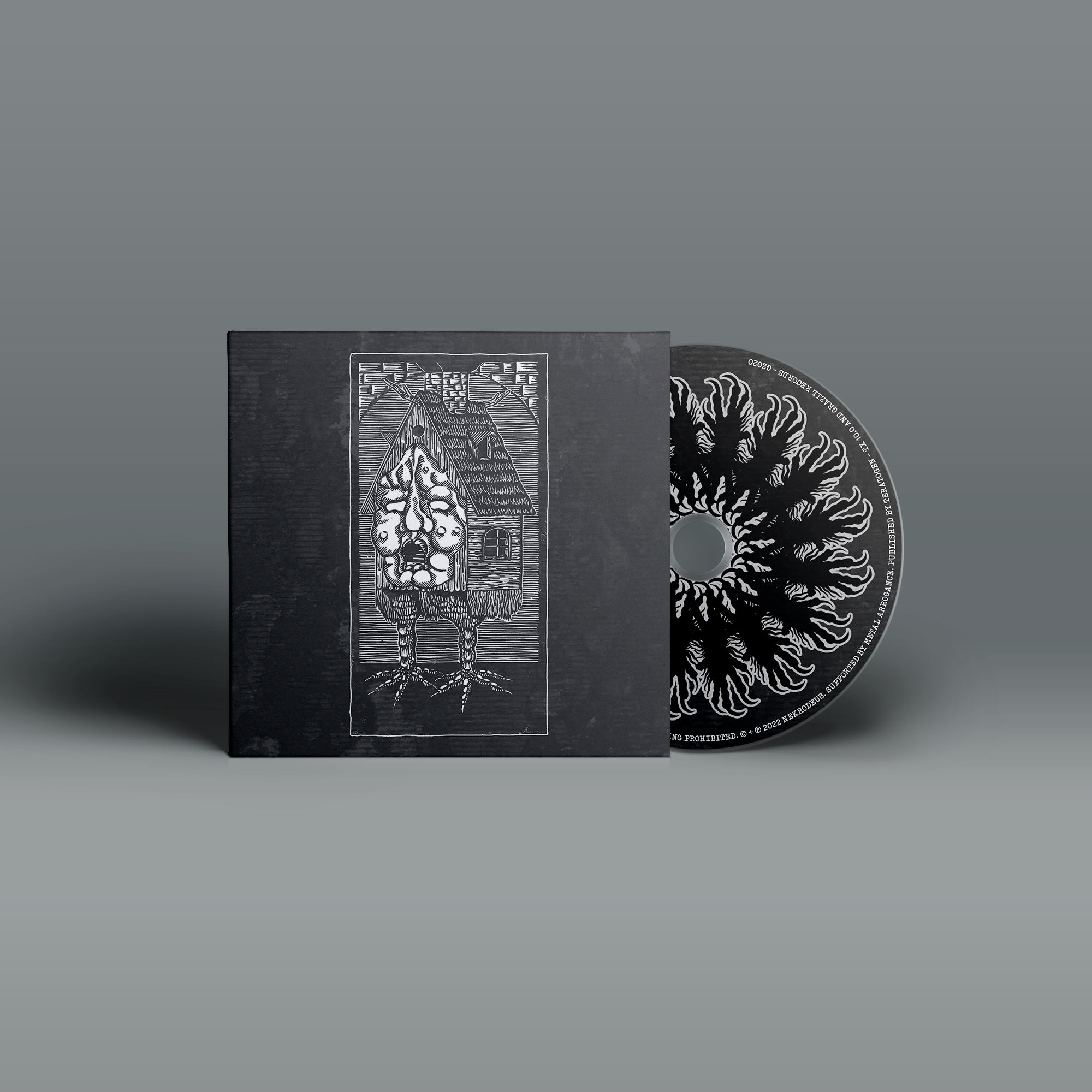 "Asbest" von "Nekrodeus" auf CD. Schwarzes Cover mit weißem Motiv, schwarz-weiße CD.