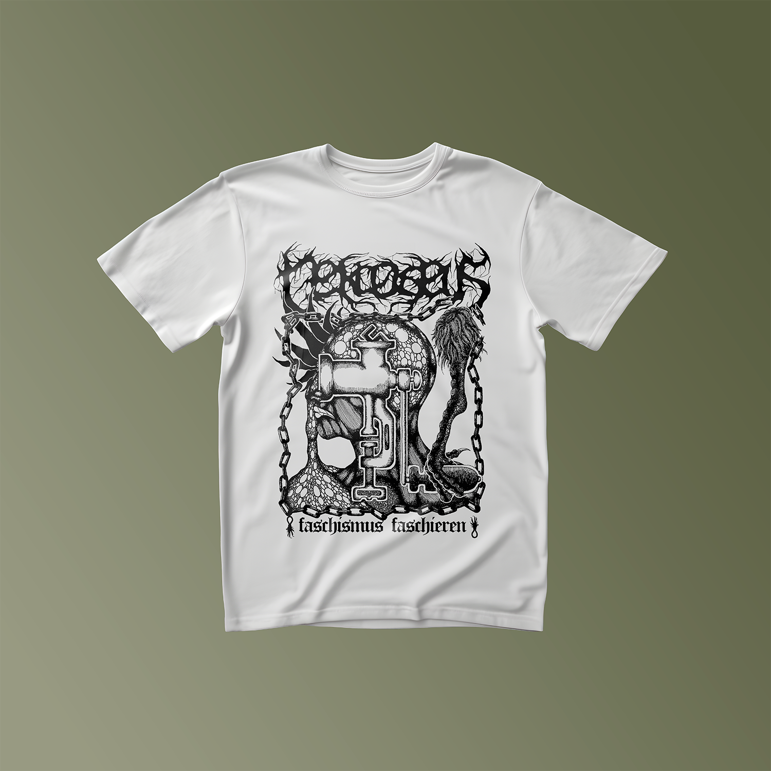 Weißes T-Shirt mit schwarzem Aufdruck, Vorderansicht. Oben das Nekrodeus-Logo, unten Text: "Faschismus faschieren".