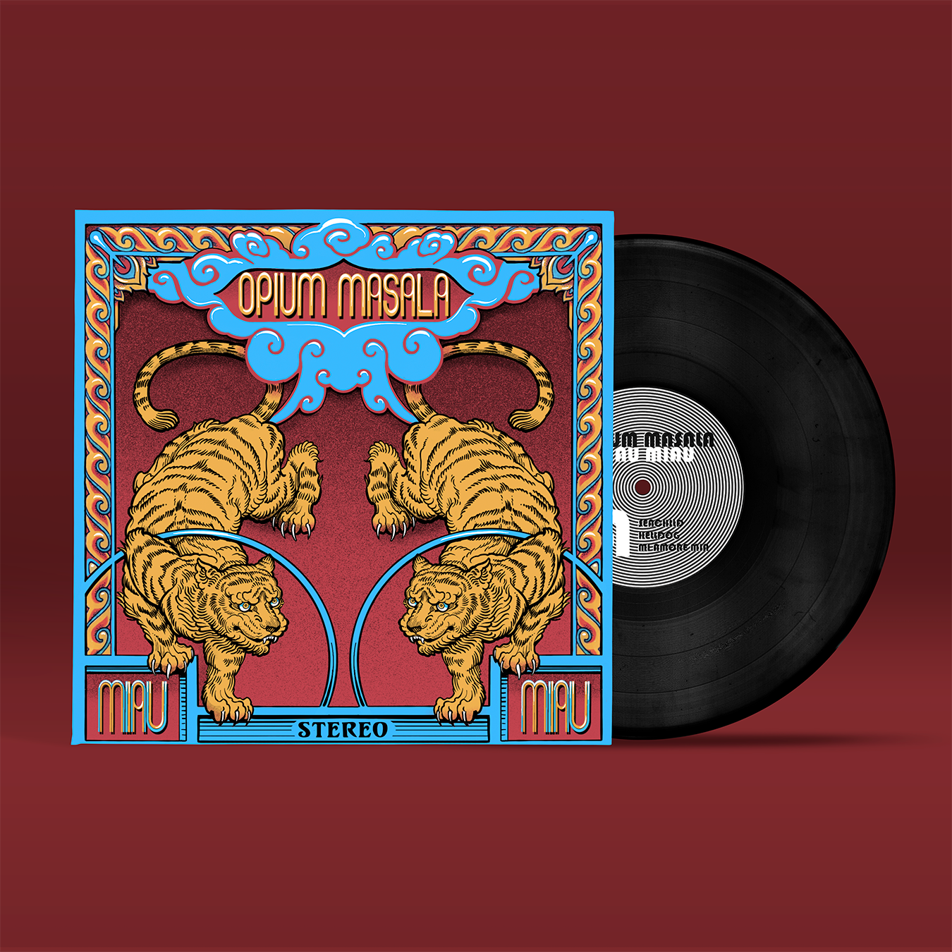 "Miau Miau" von "Opium Masala" auf 10 Inch Vinyl. Blau-rot-goldenes Cover, schwarze Schallplatte.
