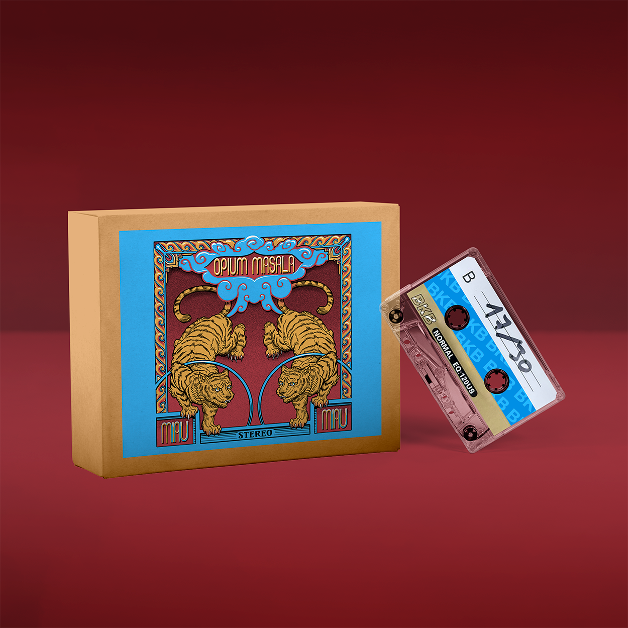 "Miau Miau" von "Opium Masala" auf Tape in der Limited Edition Box mit blau-rot-goldenem Cover. Transparentes Tape mit Blau-gold-weißem Sticker.
