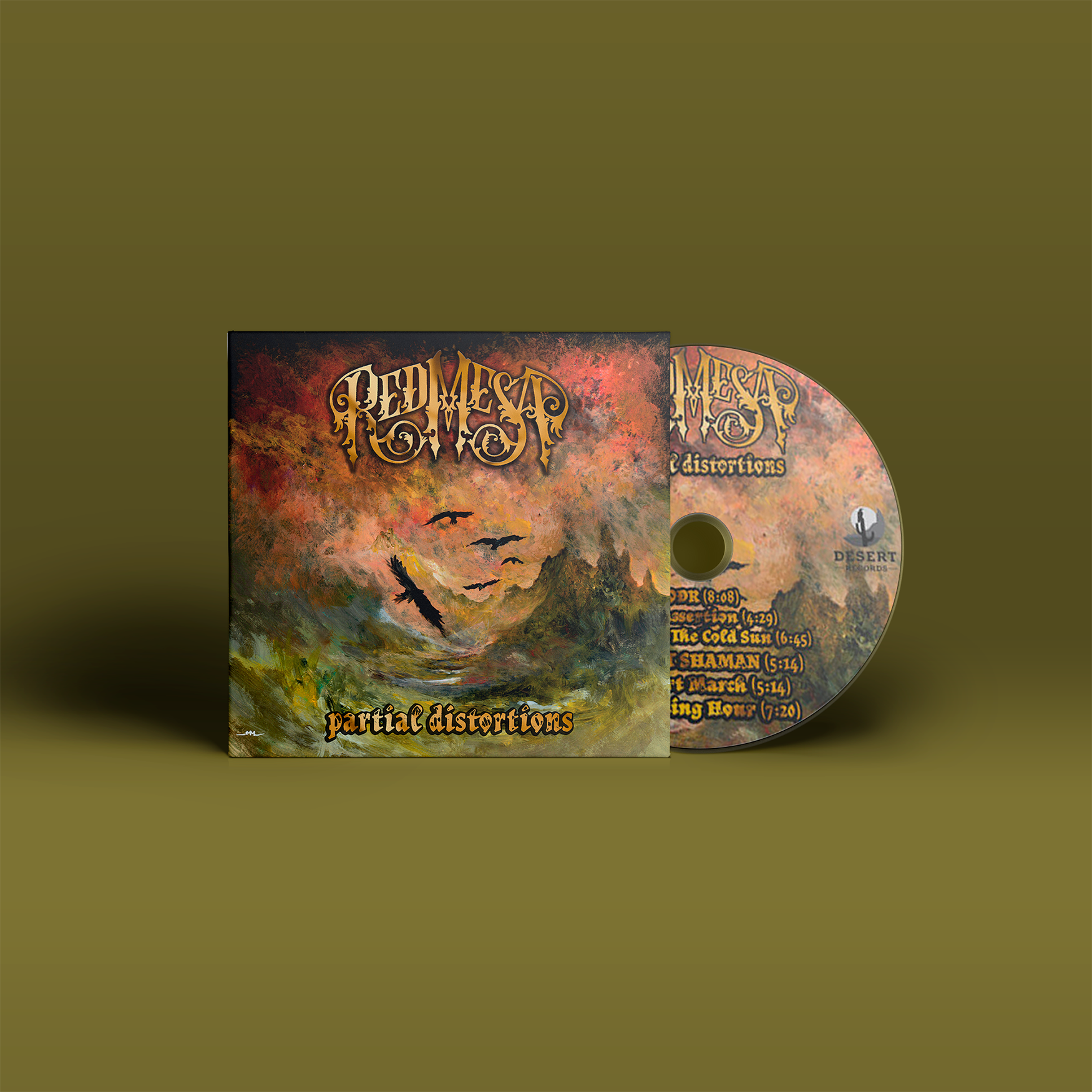 "Partial Distortions" von "Red Mesa" auf CD. Rot-grünes Album-Cover und CD mit goldener Schrift.