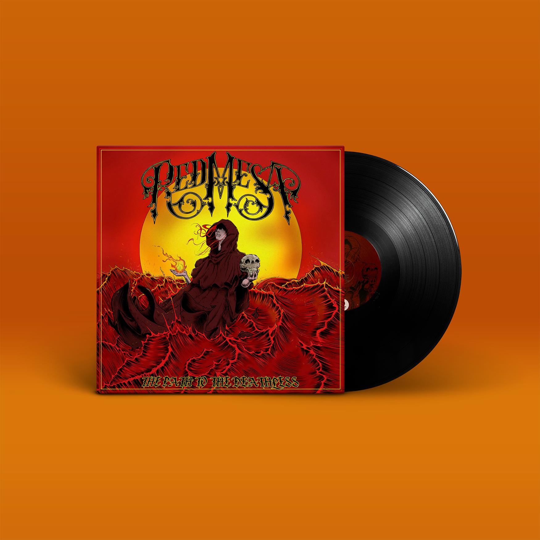 "The Path To The Deathless" von "Red Mesa" auf Vinyl. Rot-gelbes Vinyl Cover, schwarze Schallplatte.