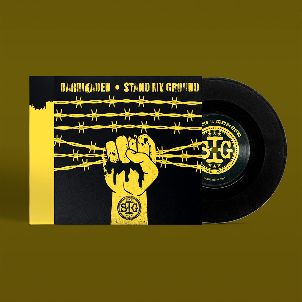 Split Album von "S.I.G." und "Anna Absolut" auf 7 Inch Vinyl. Vorderansicht. Schwarz-gelbes Cover, schwarze Schallplatte.